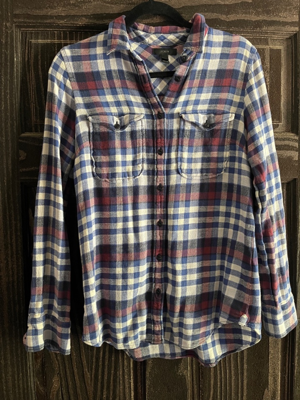 J. Crew Blue White and Burgundy Plaid Flannel Shirt